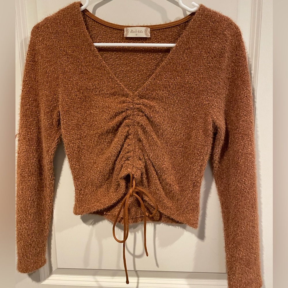 Altar’d State Cropped Fuzzy Sweater Sz M Drawstring Cinched Burnt Orange